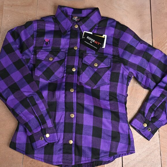 RIDERACT® Women Purple Shirt Flannel Motorcycle Flannel Shirt with CE Armors NEW